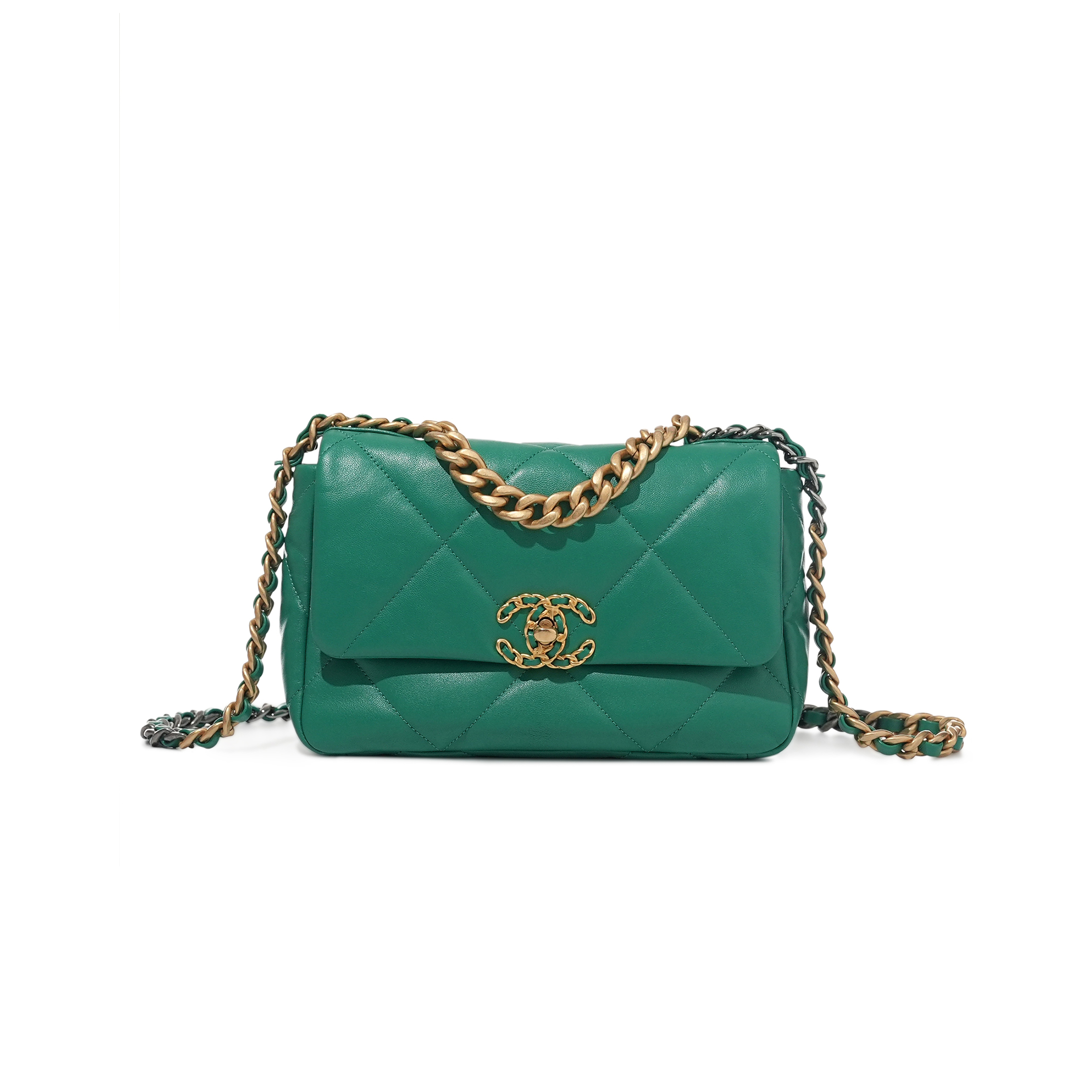 Ch*el green quilted lambskin Ch*el 19 flap gold and ruthenium hardware as1160 (26*16*9cm)